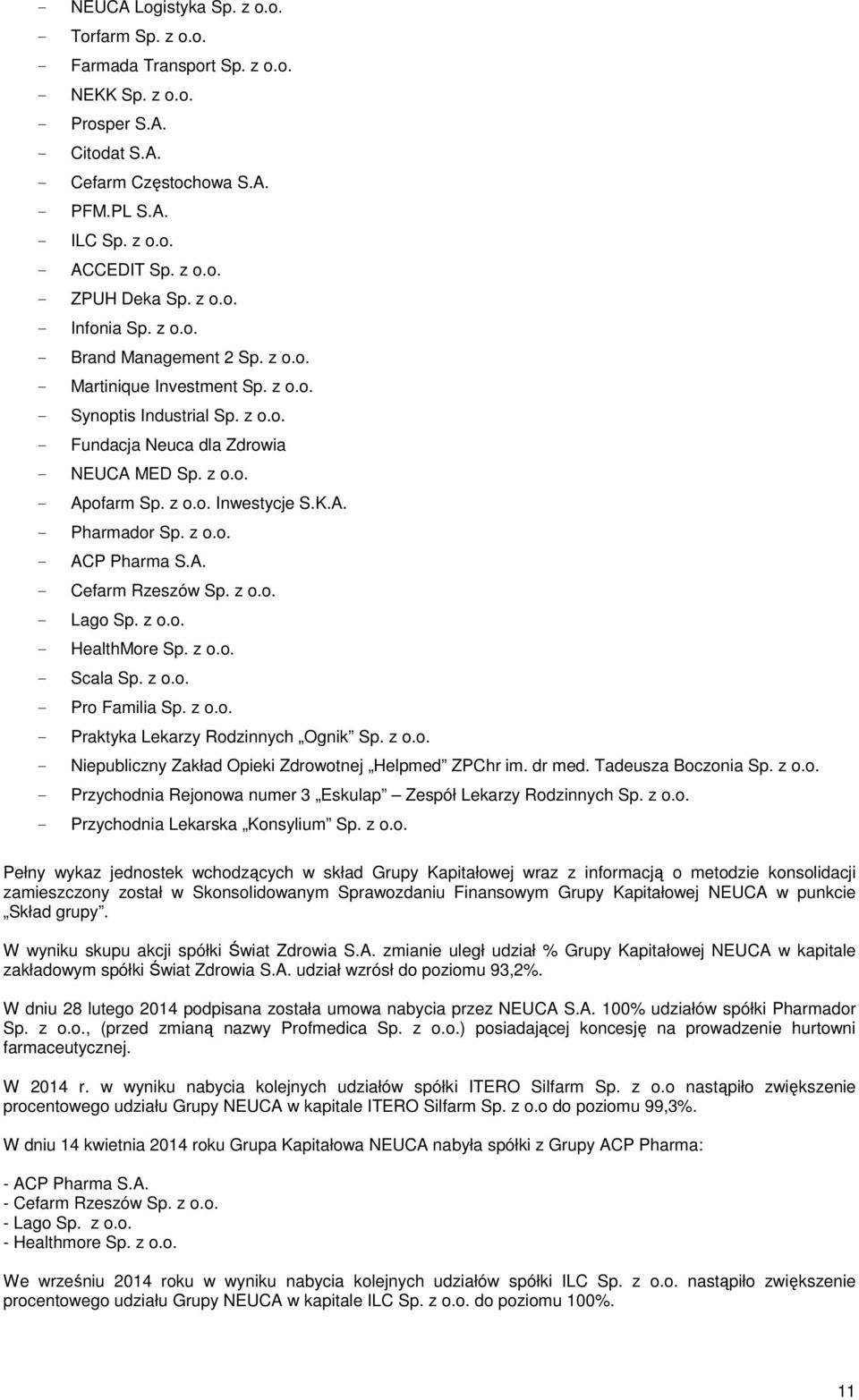 z o.o. Inwestycje S.K.A. - Pharmador Sp. z o.o. - ACP Pharma S.A. - Cefarm Rzeszów Sp. z o.o. - Lago Sp. z o.o. - HealthMore Sp. z o.o. - Scala Sp. z o.o. - Pro Familia Sp. z o.o. - Praktyka Lekarzy Rodzinnych Ognik Sp.