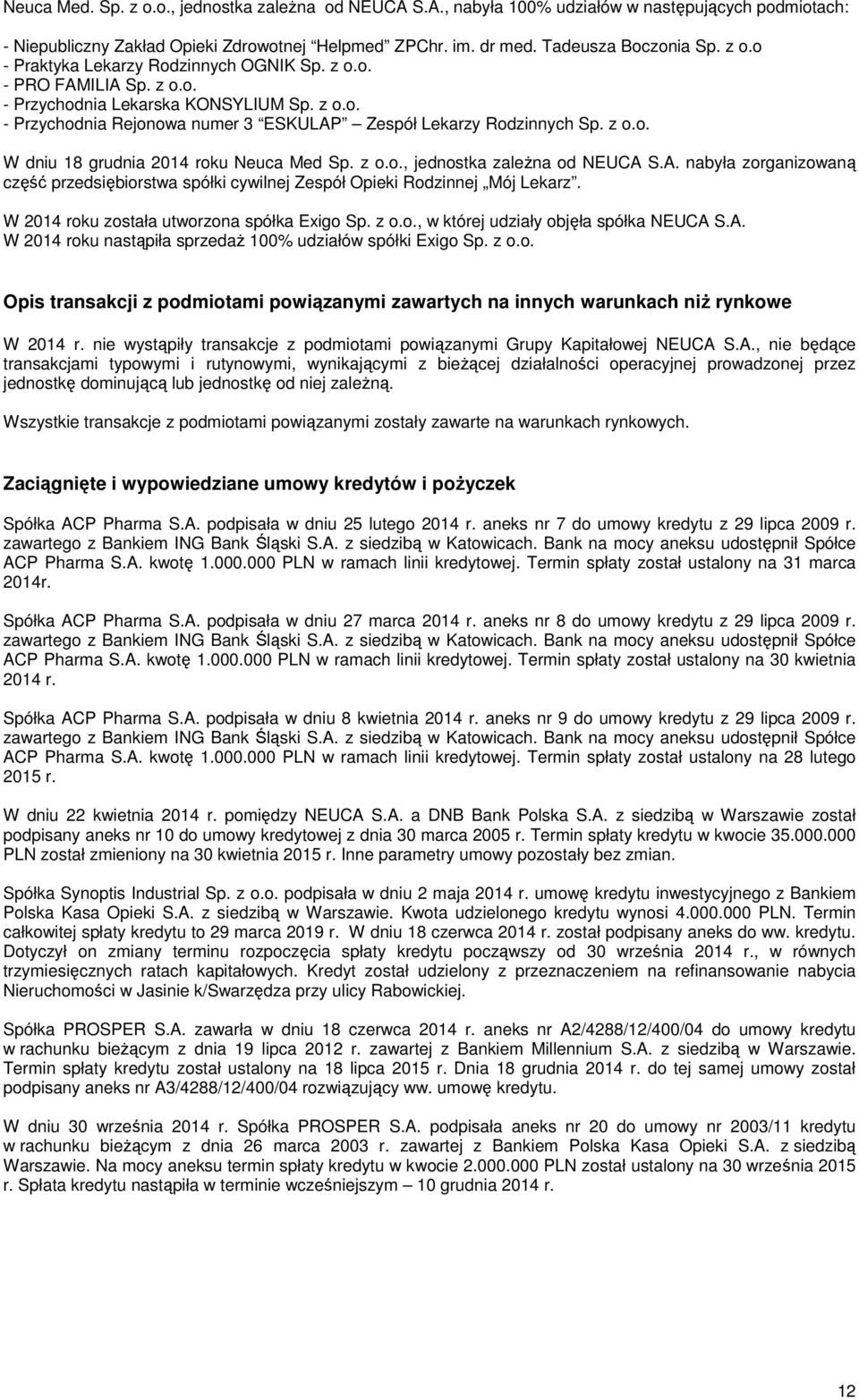 A. nabyła zorganizowaną część przedsiębiorstwa spółki cywilnej Zespół Opieki Rodzinnej Mój Lekarz. W 2014 roku została utworzona spółka Exigo Sp. z o.o., w której udziały objęła spółka NEUCA S.A. W 2014 roku nastąpiła sprzedaż 100% udziałów spółki Exigo Sp.