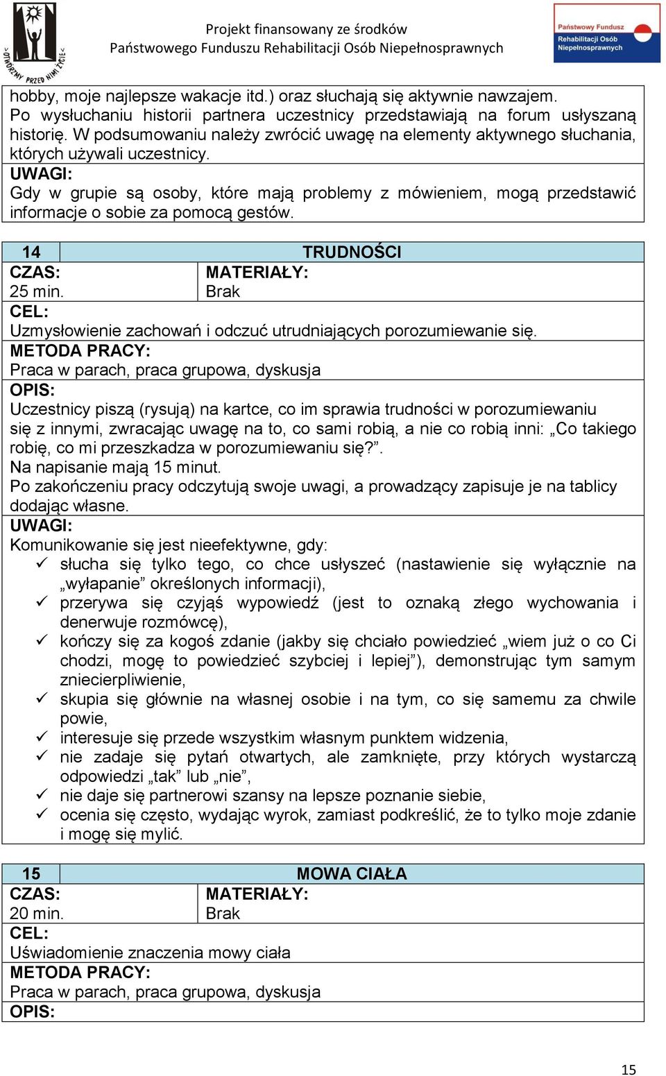 Gdy w grupie są osoby, które mają problemy z mówieniem, mogą przedstawić informacje o sobie za pomocą gestów. 14 TRUDNOŚCI 25 min. Uzmysłowienie zachowań i odczuć utrudniających porozumiewanie się.