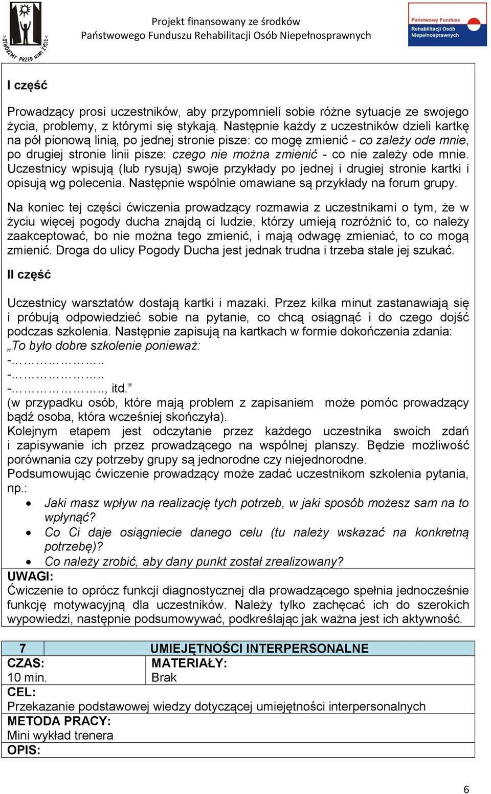 zależy ode mnie. Uczestnicy wpisują (lub rysują) swoje przykłady po jednej i drugiej stronie kartki i opisują wg polecenia. Następnie wspólnie omawiane są przykłady na forum grupy.