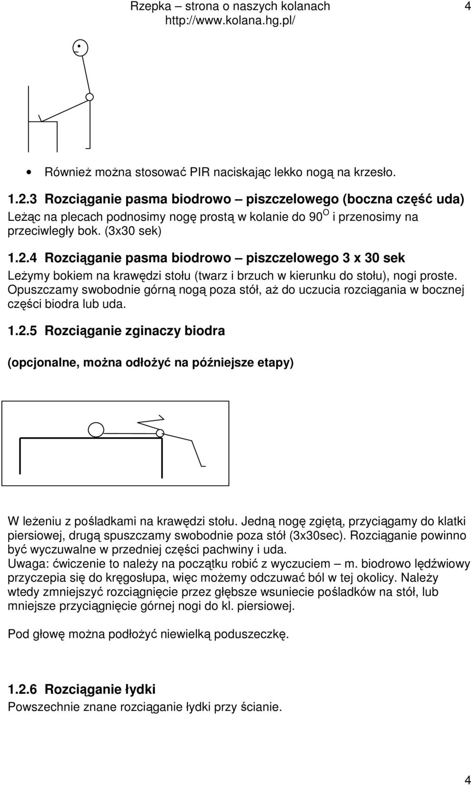 4 Rozciąganie pasma biodrowo piszczelowego 3 x 30 sek LeŜymy bokiem na krawędzi stołu (twarz i brzuch w kierunku do stołu), nogi proste.