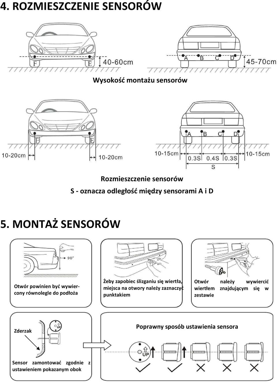 MONTAŻ SENSORÓW Otwór powinien być wywiercony równolegle do podłoża Żeby zapobiec ślizganiu się wiertła,