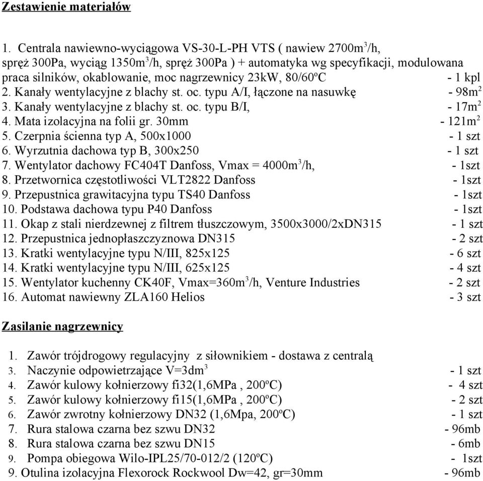 23kW, 80/60 o C - 1 kpl 2. Kanały wentylacyjne z blachy st. oc. typu A/I, łączone na nasuwkę - 98m 2 3. Kanały wentylacyjne z blachy st. oc. typu B/I, - 17m 2 4. Mata izolacyjna na folii gr.