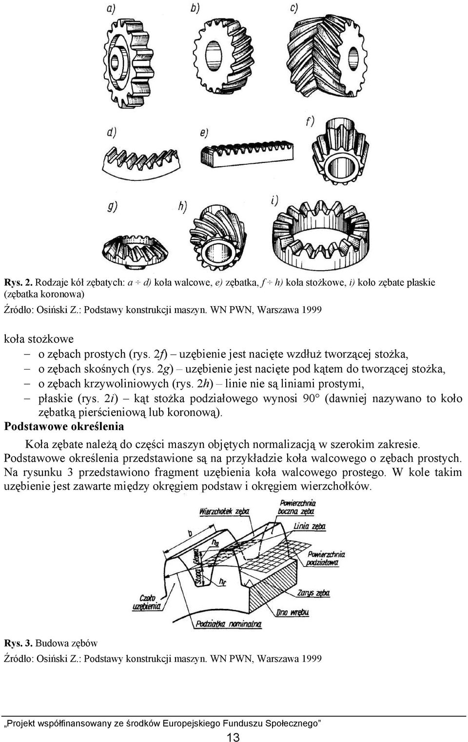 g) uzębienie jest nacięte pod kątem do tworzącej stożka, o zębach krzywoliniowych (rys. h) linie nie są liniami prostymi, płaskie (rys.