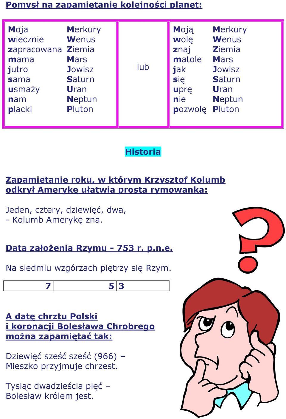 Amerykę ułatwia prosta rymowanka: Jeden, cztery, dziewięć, dwa, - Kolumb Amerykę zna. Data założenia Rzymu - 753 r. p.n.e. Na siedmiu wzgórzach piętrzy się Rzym.