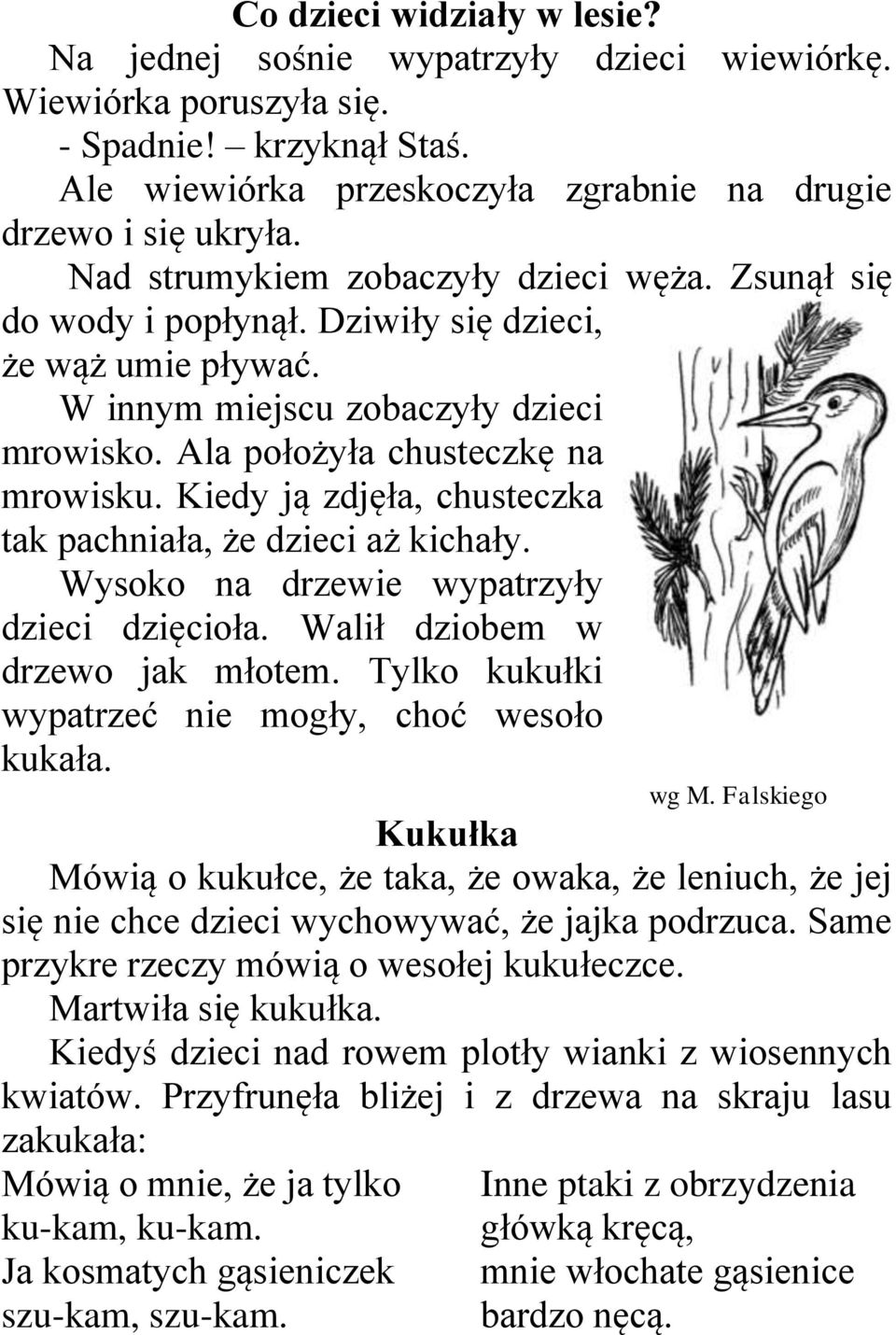 Kiedy ją zdjęła, chusteczka tak pachniała, że dzieci aż kichały. Wysoko na drzewie wypatrzyły dzieci dzięcioła. Walił dziobem w drzewo jak młotem.