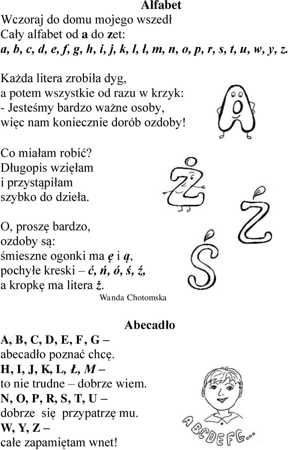 Długopis wzięłam i przystąpiłam szybko do dzieła. O, proszę bardzo, ozdoby są: śmieszne ogonki ma ę i ą, pochyłe kreski ć, ń, ó, ś, ź, a kropkę ma litera ż.