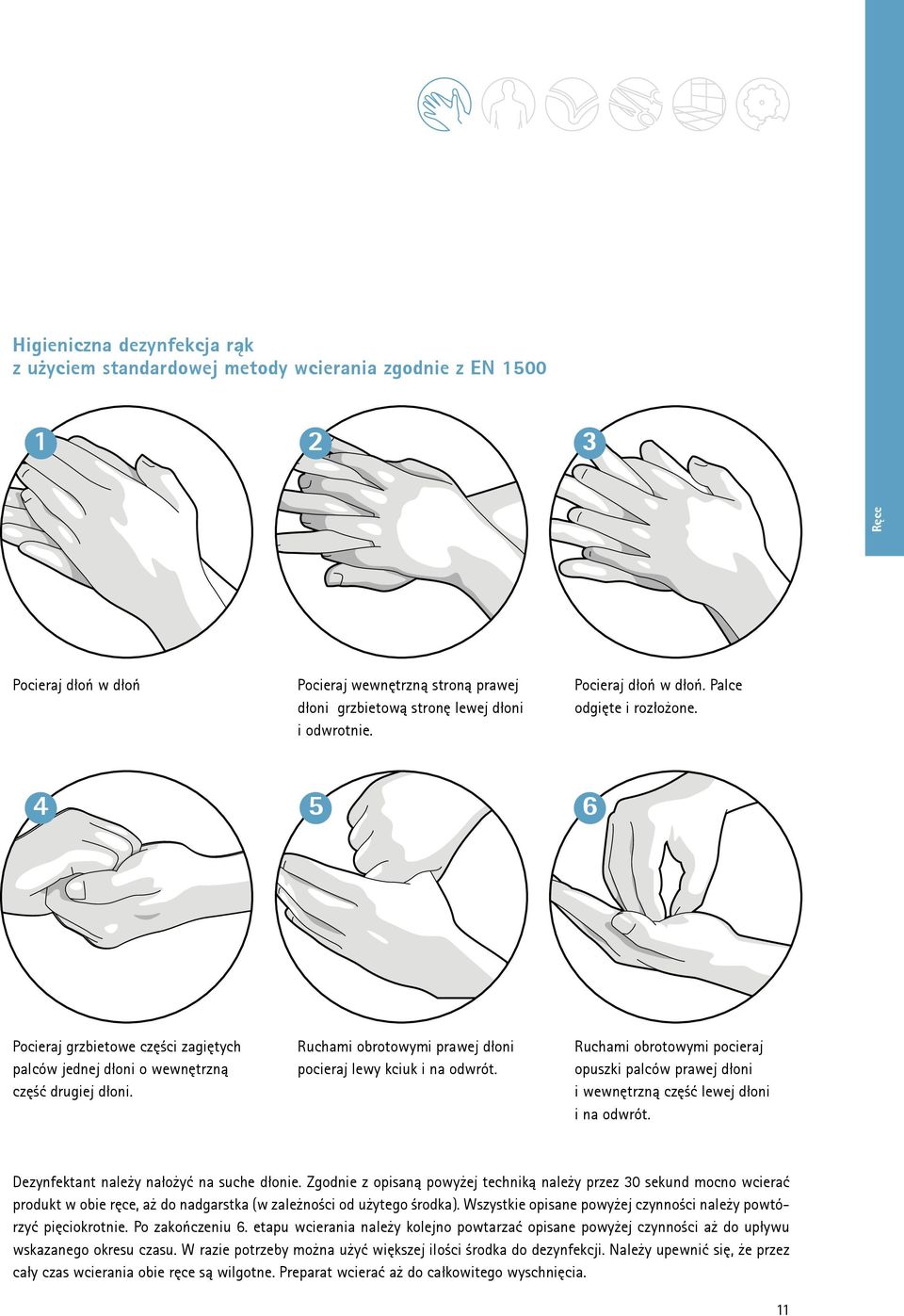 Ruchami obrotowymi prawej dłoni pocieraj lewy kciuk i na odwrót. Ruchami obrotowymi pocieraj opuszki palców prawej dłoni i wewnętrzną część lewej dłoni i na odwrót.