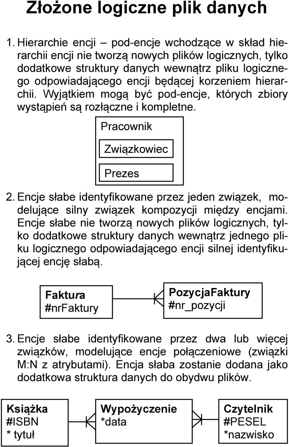 hierarchii. Wyjątkiem mogą być pod-encje, których zbiory wystąpień są rozłączne i kompletne. Pracownik Związkowiec Prezes 2.