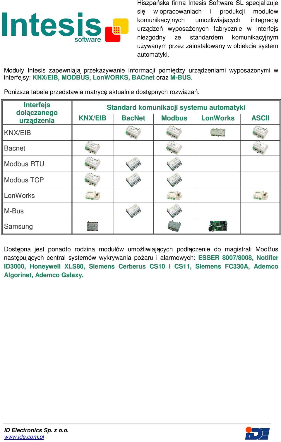 Moduły Intesis zapewniają przekazywanie informacji pomiędzy urządzeniami wyposaŝonymi w interfejsy: KNX/EIB, MODBUS, LonWORKS, BACnet oraz M-BUS.