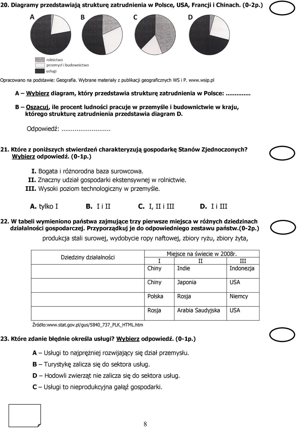 .. B Oszacuj, ile procent ludności pracuje w przemyśle i budownictwie w kraju, którego strukturę zatrudnienia przedstawia diagram D. Odpowiedź:... 21.