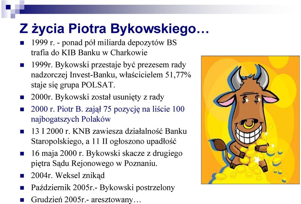 Bykowski został usunięty z rady 2000 r. Piotr B. zajął 75 pozycję na liście 100 najbogatszych Polaków 13 I 2000 r.