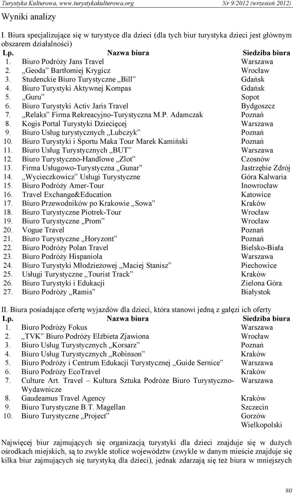Biuro Turystyki Activ Jaris Travel Bydgoszcz 7. Relaks Firma Rekreacyjno-Turystyczna M.P. Adamczak Poznań 8. Kogis Portal Turystyki Dziecięcej Warszawa 9. Biuro Usług turystycznych Lubczyk Poznań 10.