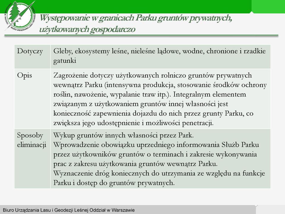 Integralnym elementem związanym z użytkowaniem gruntów innej własności jest konieczność zapewnienia dojazdu do nich przez grunty Parku, co zwiększa jego udostępnienie i możliwości penetracji.