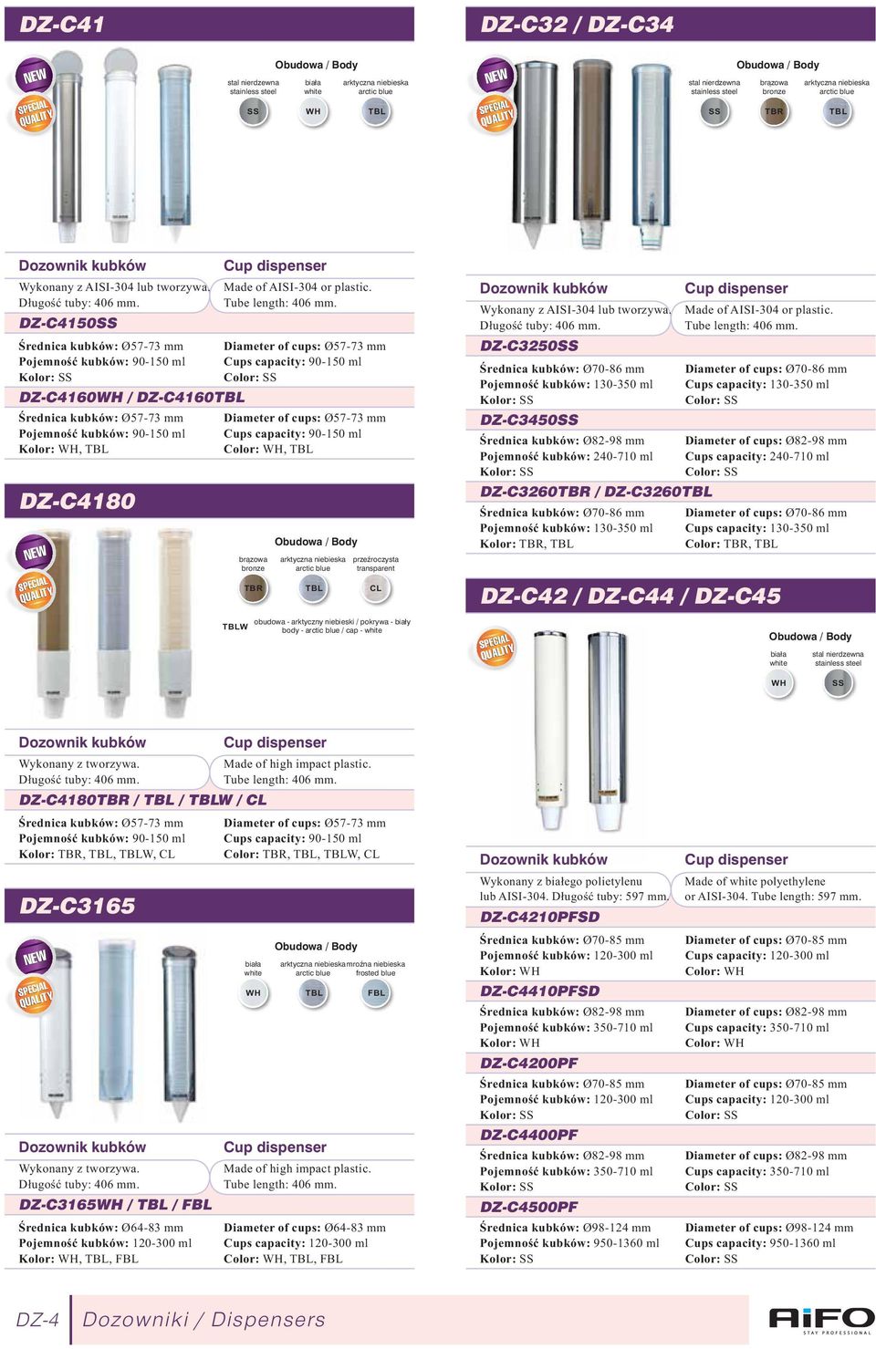 DZ-C4150SS Średnica kubków: Ø57-73 mm Pojemność kubków: 90-150 ml Kolor: SS DZ-C4160WH / DZ-C4160TBL Średnica kubków: Ø57-73 mm Pojemność kubków: 90-150 ml Kolor: WH, TBL DZ-C4180 Made of AISI-304 or