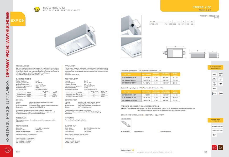 Rodzaj obudowy: Ex nr Grupa wybuchowości: C,, A Klasa temperaturowa: T3*, T, T1 Maks. temp. powierzchni: 165⁰C-60⁰C** Stopień ochrony: P 65 od -5⁰C do +45⁰C *Kl. Temp.