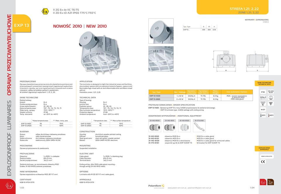 Rodzaj budowy: Ex d Puszka przyłączeniowa: Ex e Grupa wybuchowości: C,, A Klasa temperaturowa: T6*, T5, T4, T3, T, T1 Maks temp.