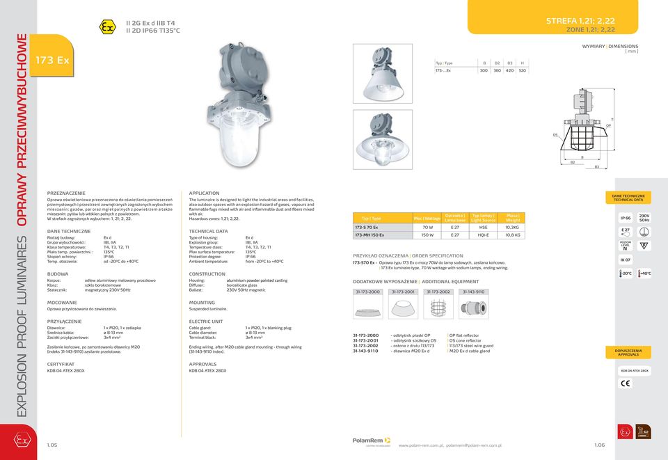 Rodzaj budowy: Ex d Grupa wybuchowości:, A Klasa temperaturowa: T4, T3, T, T1 Maks temp. powierzchni.: 135⁰C Stopień ochrony: P 66 od -0⁰C do +40⁰C UDOWA MOCOWAE Oprawa przystosowana do zawieszania.