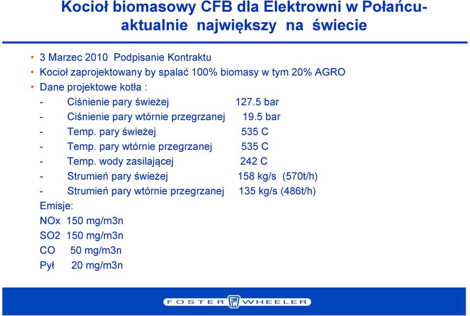 5 bar - Ciśnienie pary wtórnie przegrzanej 19.5 bar - Temp. pary świeżej 535 C - Temp. pary wtórnie przegrzanej 535 C - Temp.