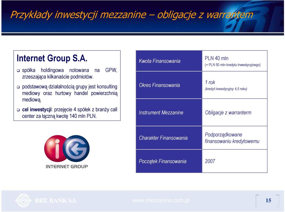 cel inwestycji: przejęcie 4 spółek z branŝy call center za łączną kwotę 140 mln PLN.