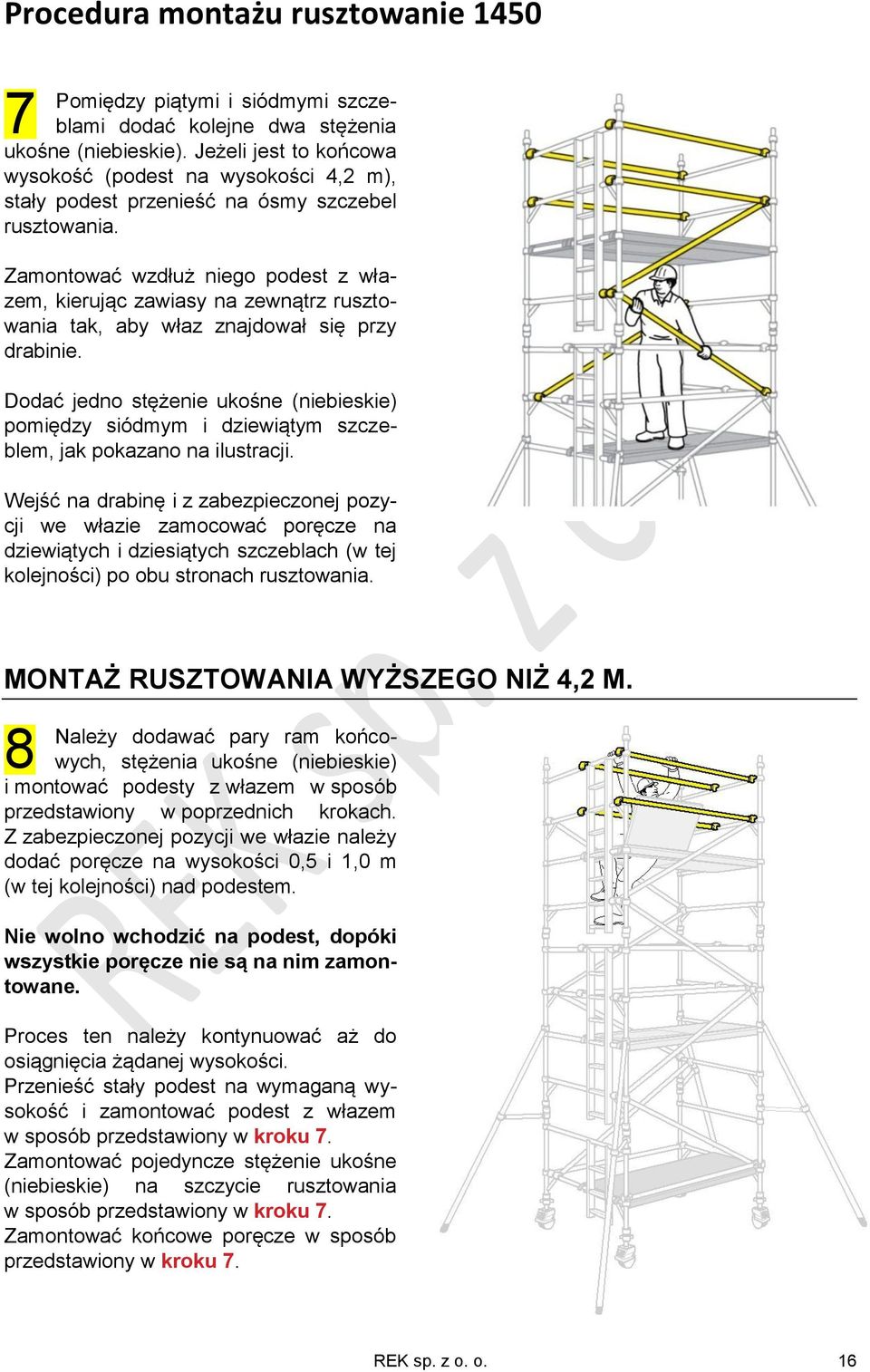 Zamontować wzdłuż niego podest z włazem, kierując zawiasy na zewnątrz rusztowania tak, aby właz znajdował się przy drabinie.