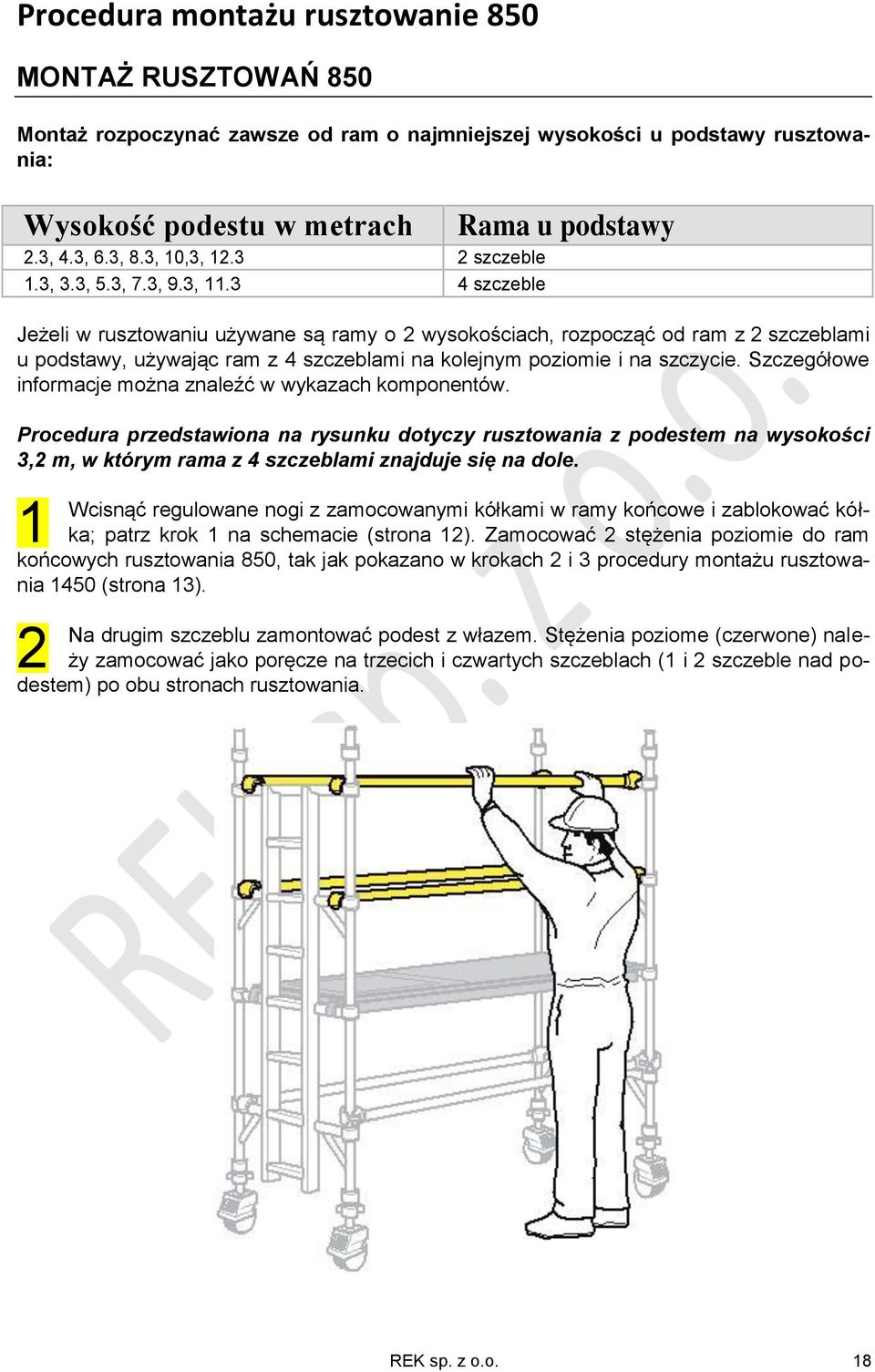 3 4 szczeble Jeżeli w rusztowaniu używane są ramy o 2 wysokościach, rozpocząć od ram z 2 szczeblami u podstawy, używając ram z 4 szczeblami na kolejnym poziomie i na szczycie.