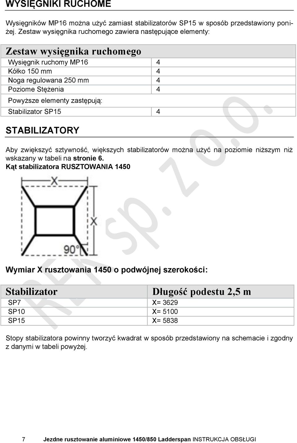 Stabilizator SP15 4 STABILIZATORY Aby zwiększyć sztywność, większych stabilizatorów można użyć na poziomie niższym niż wskazany w tabeli na stronie 6.