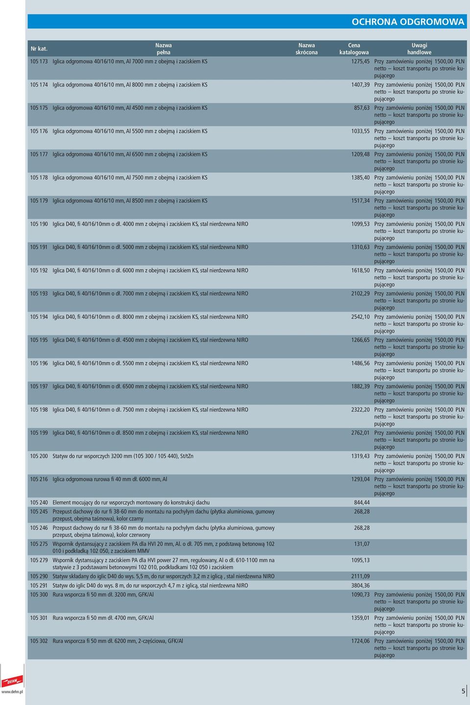 40/16/10 mm, Al 5500 mm z obejmą i zaciskiem KS 1033,55 Przy zamówieniu poniżej 1500,00 PLN 105 177 Iglica odgromowa 40/16/10 mm, Al 6500 mm z obejmą i zaciskiem KS 1209,48 Przy zamówieniu poniżej