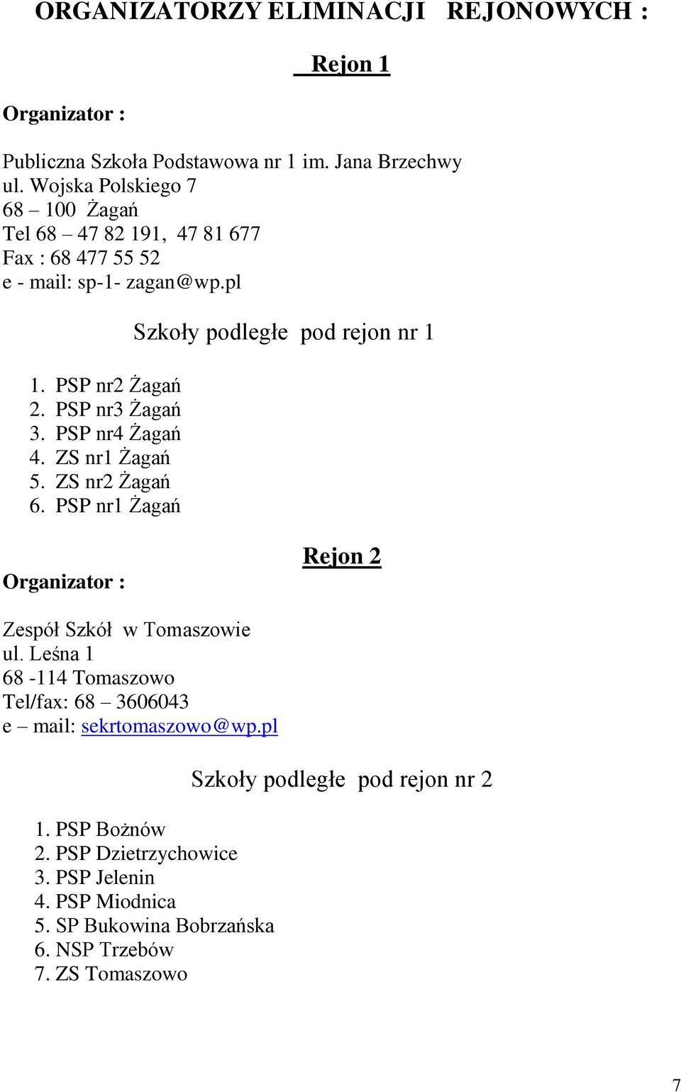 PSP nr4 Żagań 4. ZS nr1 Żagań 5. ZS nr2 Żagań 6. PSP nr1 Żagań Szkoły podległe pod rejon nr 1 Organizator : Rejon 2 Zespół Szkół w Tomaszowie ul.