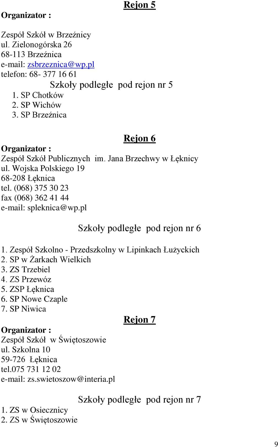 pl Szkoły podległe pod rejon nr 6 1. Zespół Szkolno - Przedszkolny w Lipinkach Łużyckich 2. SP w Żarkach Wielkich 3. ZS Trzebiel 4. ZS Przewóz 5. ZSP Łęknica 6. SP Nowe Czaple 7.