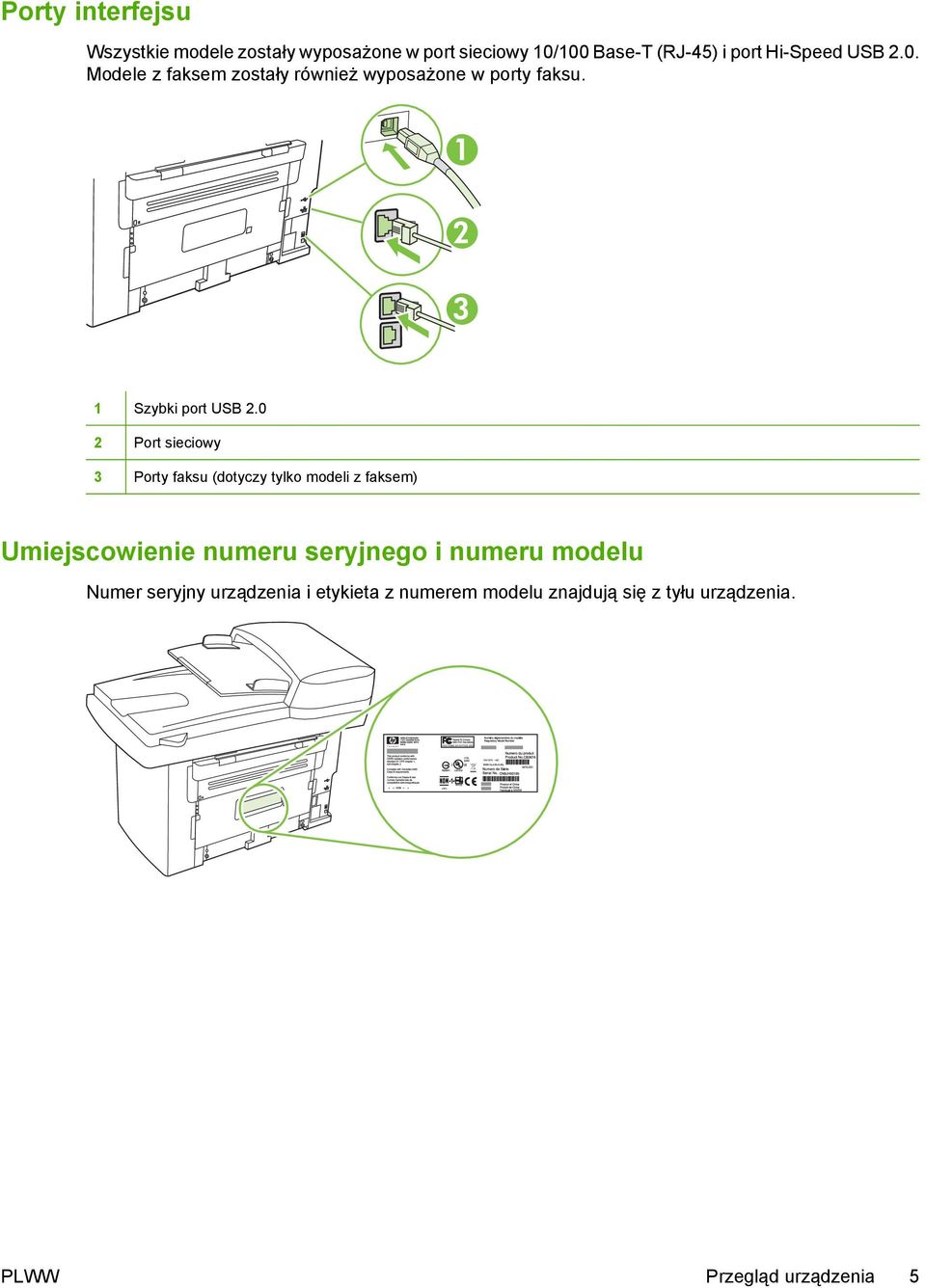 0 2 Port sieciowy 3 Porty faksu (dotyczy tylko modeli z faksem) Umiejscowienie numeru seryjnego i numeru