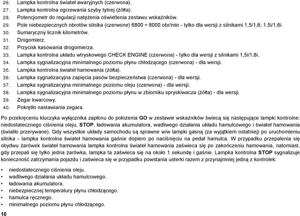 Przycisk kasowania drogomierza. 33. Lampka kontrolna układu wtryskowego CHECK ENGINE (czerwona) - tylko dla wersji z silnikami 1,5i/1,6i. 34.