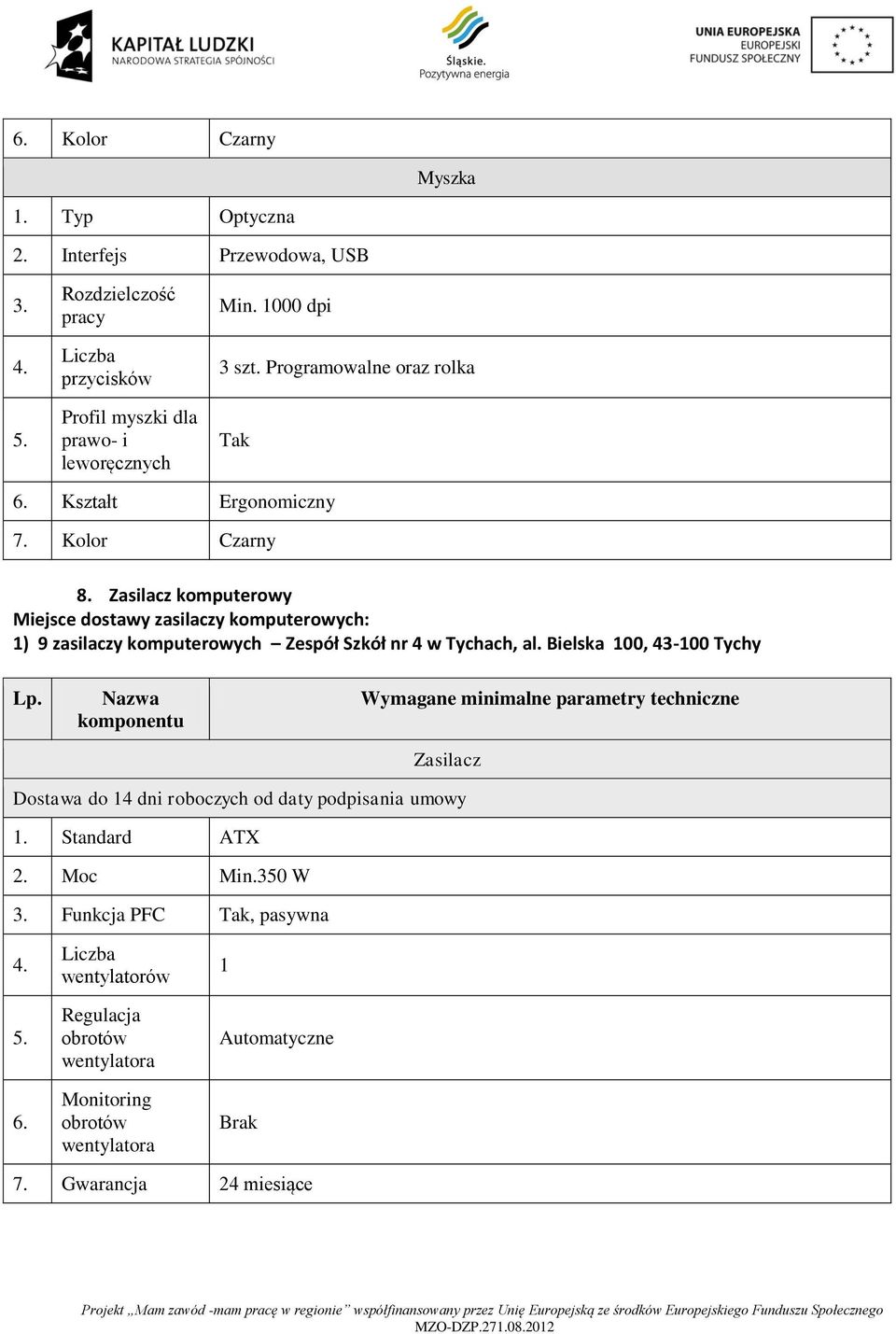 Zasilacz komputerowy Miejsce dostawy zasilaczy komputerowych: 1) 9 zasilaczy komputerowych Zespół Szkół nr 4 w Tychach, al. Bielska 100, 43-100 Tychy Lp.