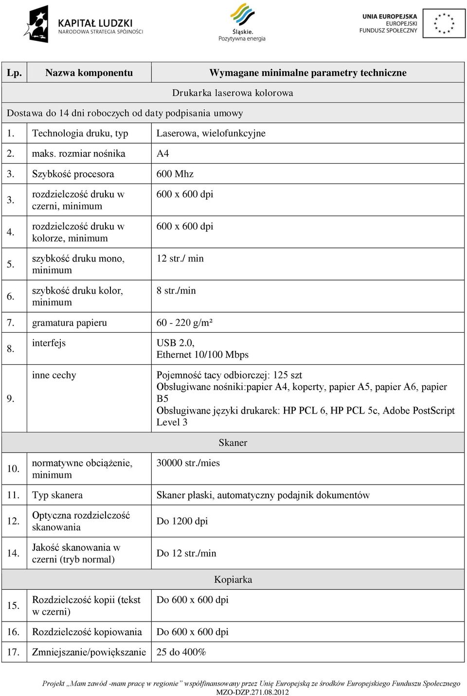 / min 8 str./min 7. gramatura papieru 60-220 g/m² 8. interfejs USB 2.0, Ethernet 10/