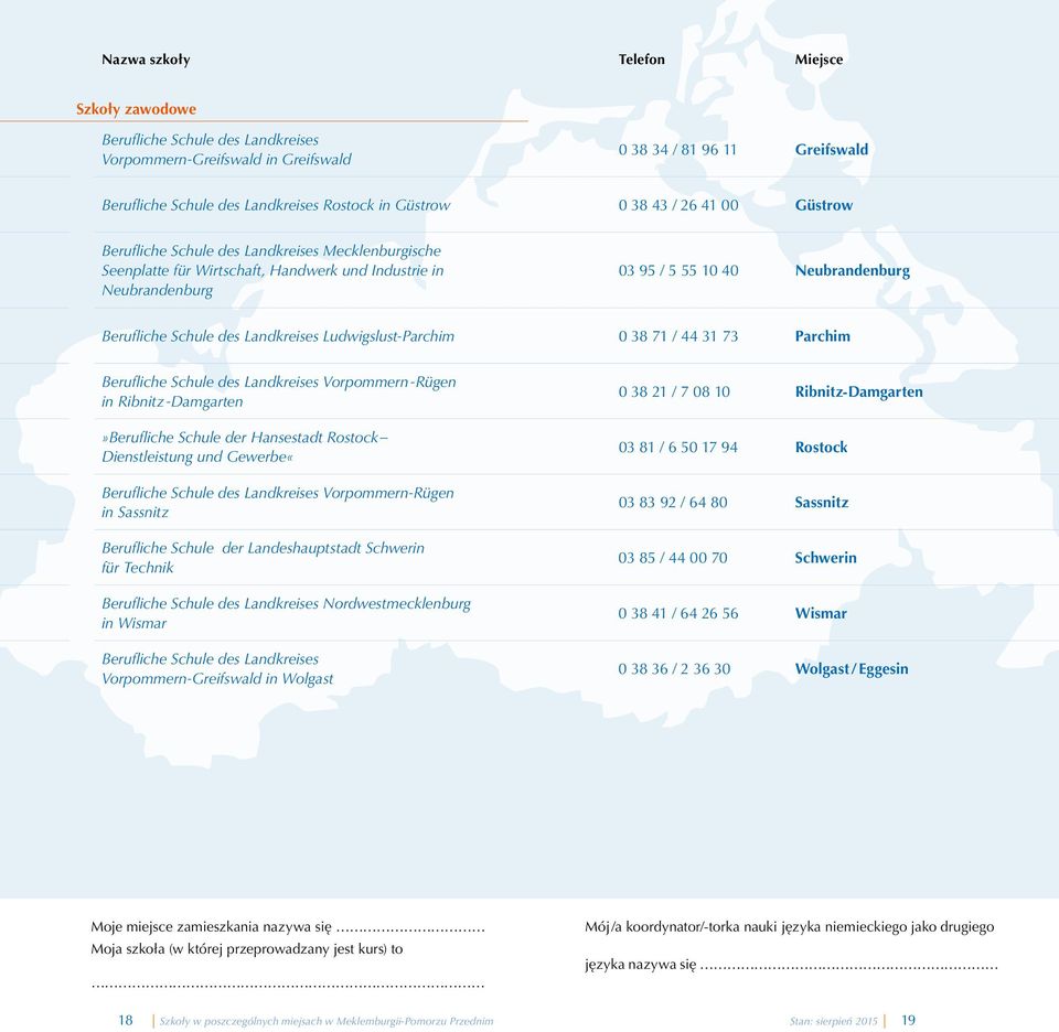 Landkreises Ludwigslust-Parchim 0 38 71 / 44 31 73 Parchim Berufliche Schule des Landkreises Vorpommern -Rügen in Ribnitz -Damgarten»Berufliche Schule der Hansestadt Rostock Dienstleistung und