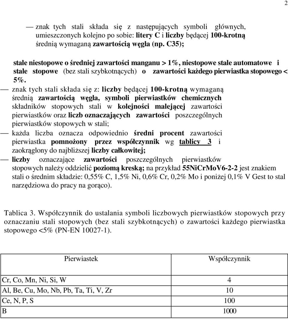 znak tych stali składa się z: liczby będącej 100-krotną wymaganą średnią zawartością węgla, symboli pierwiastków chemicznych składników stopowych stali w kolejności malejącej zawartości pierwiastków