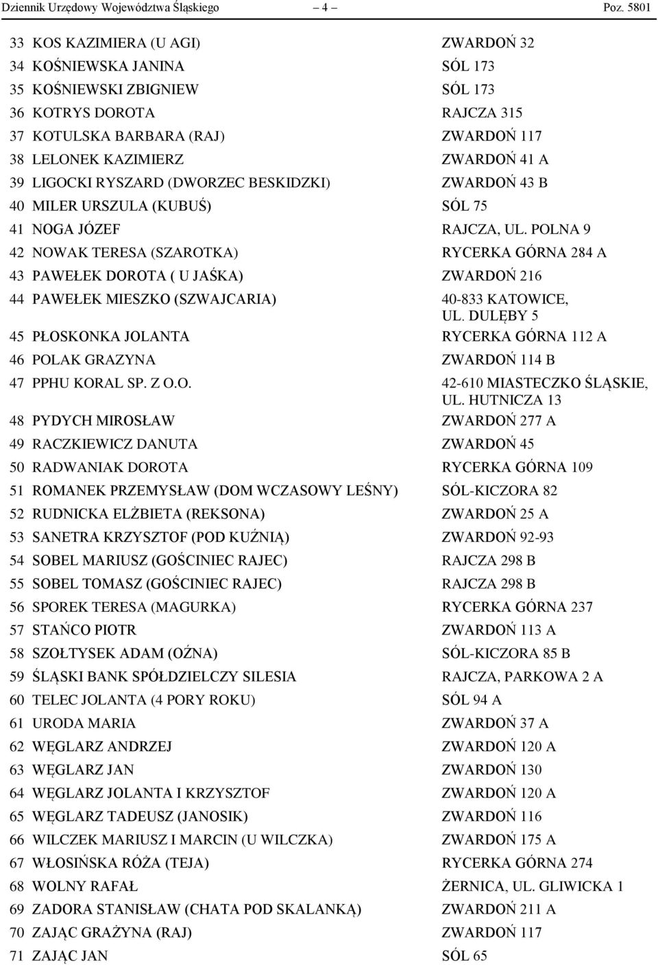 A 39 LIGOCKI RYSZARD (DWORZEC BESKIDZKI) ZWARDOŃ 43 B 40 MILER URSZULA (KUBUŚ) SÓL 75 41 NOGA JÓZEF RAJCZA, UL.