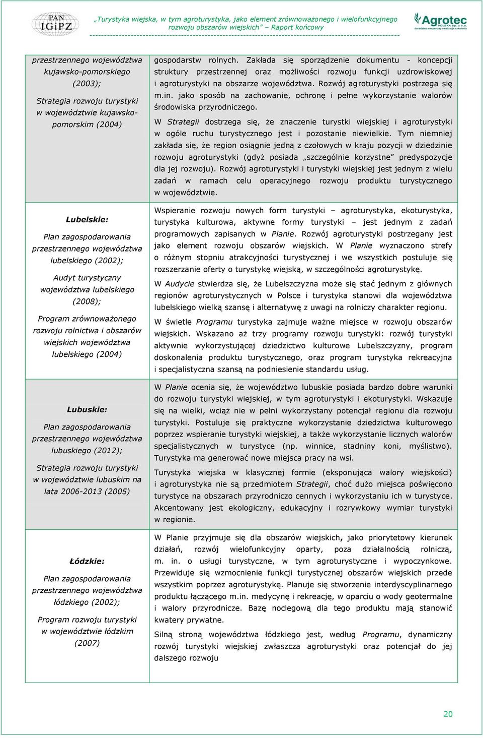 województwa lubuskiego (2012); Strategia rozwoju turystyki w województwie lubuskim na lata 2006-2013 (2005) Łódzkie: Plan zagospodarowania przestrzennego województwa łódzkiego (2002); Program rozwoju