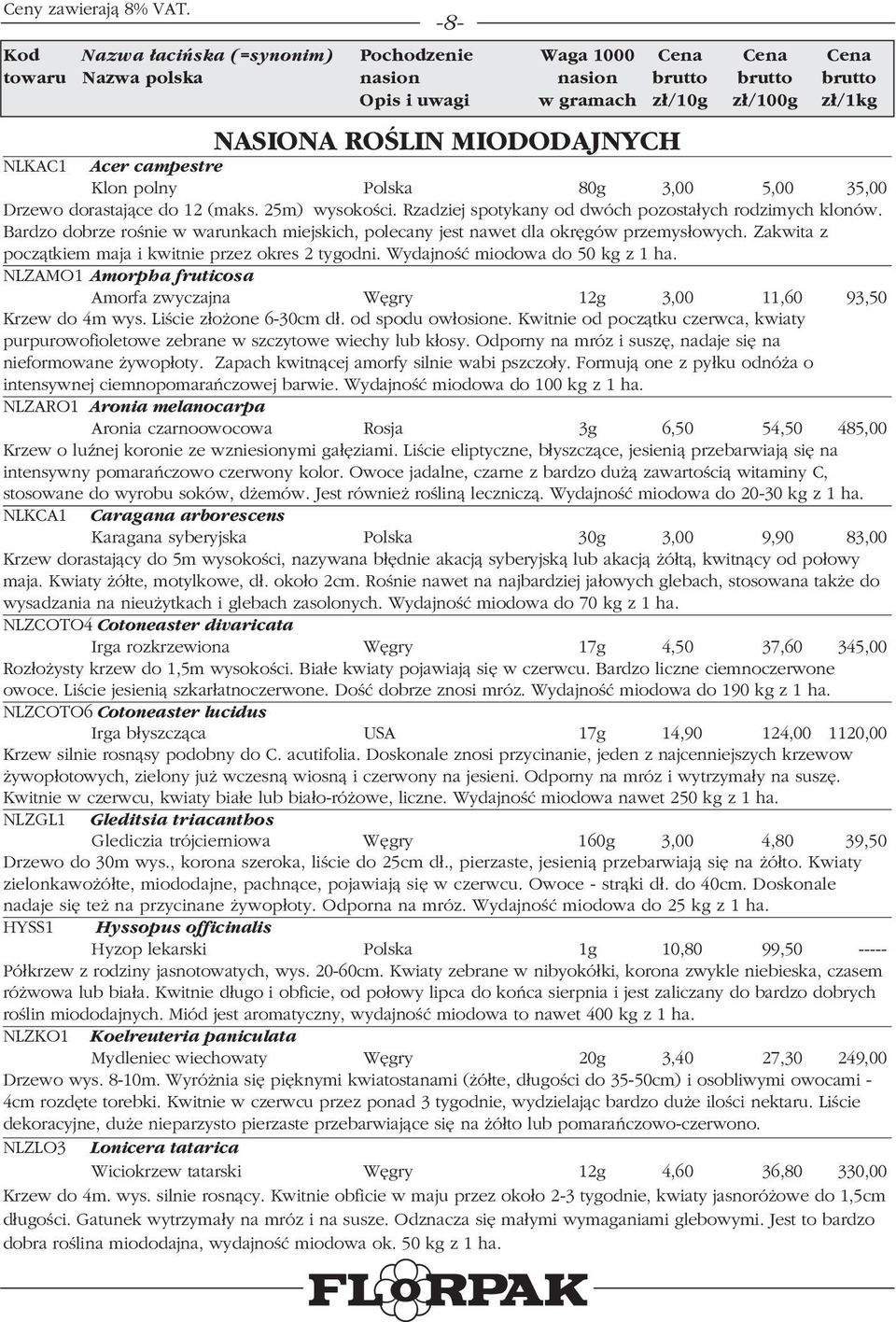 Zakwita z początkiem maja i kwitnie przez okres 2 tygodni. Wydajność miodowa do 50 kg z 1 ha. NLZAMO1 Amorpha fruticosa Amorfa zwyczajna Wêgry 12g 3,00 11,60 93,50 Krzew do 4m wys.