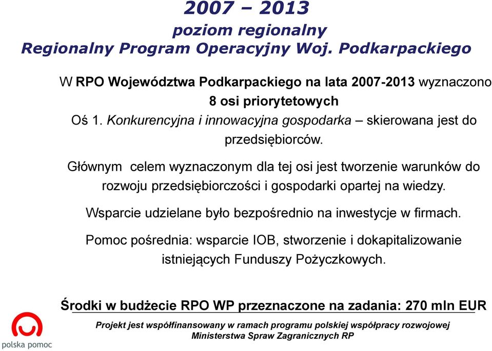 Głównym celem wyznaczonym dla tej osi jest tworzenie warunków do rozwoju przedsiębiorczości i gospodarki opartej na wiedzy.