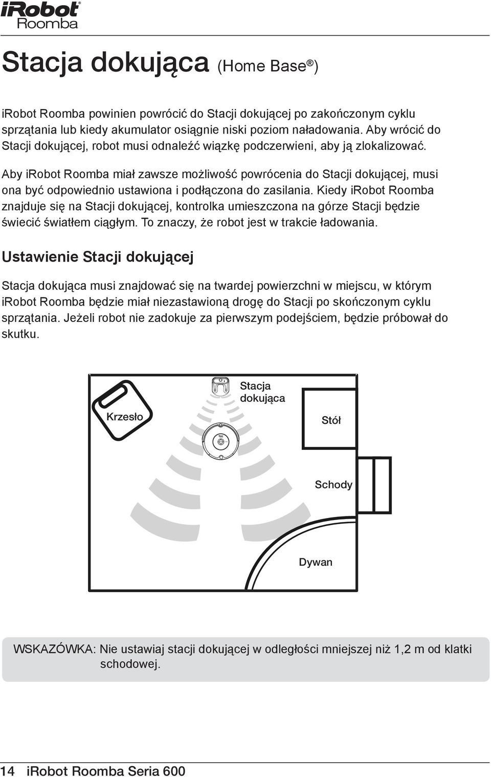 Aby irobot Roomba miał zawsze możliwość powrócenia do Stacji dokującej, musi ona być odpowiednio ustawiona i podłączona do zasilania.