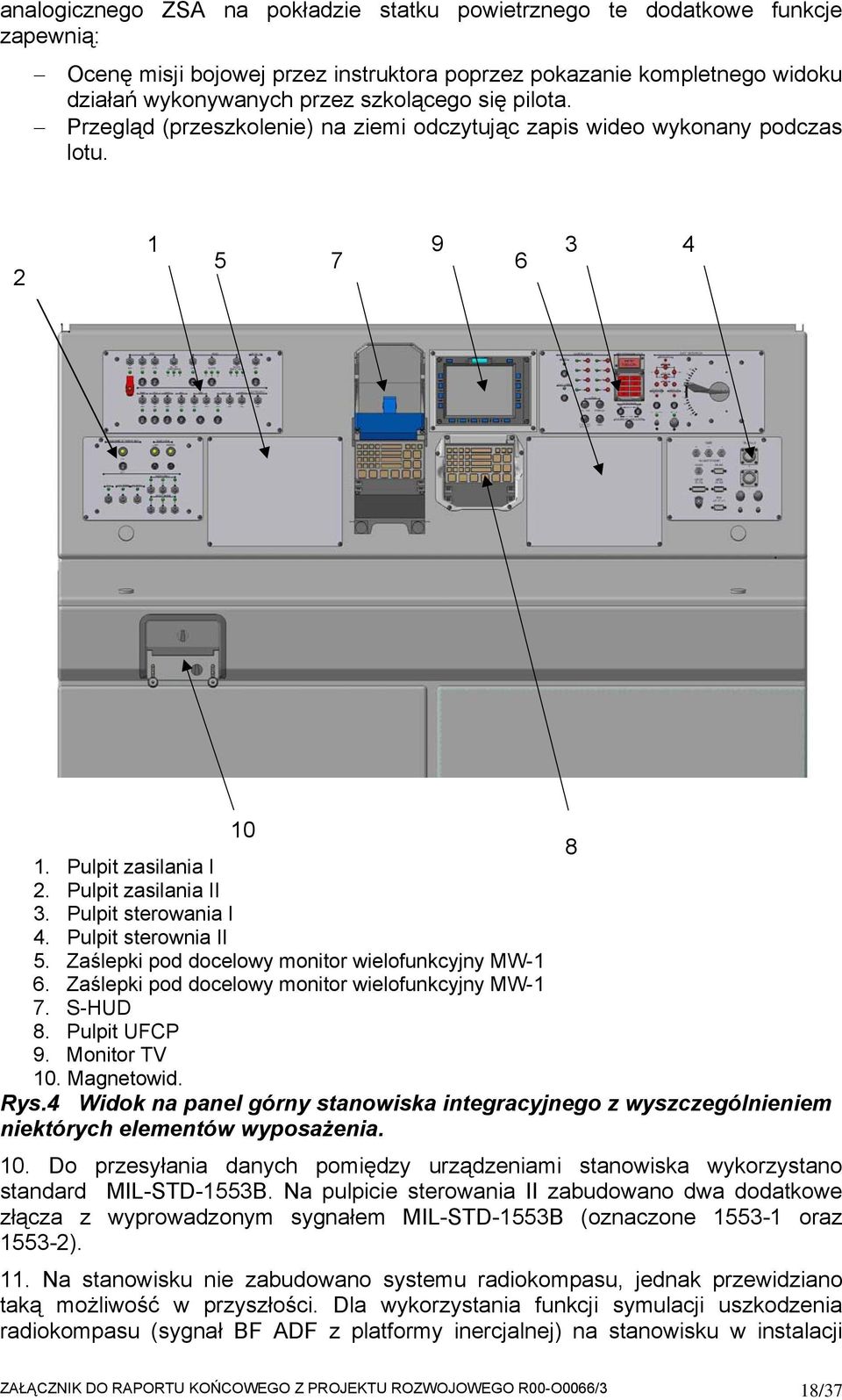 Pulpit sterownia II 5. Zaślepki pod docelowy monitor wielofunkcyjny MW-1 6. Zaślepki pod docelowy monitor wielofunkcyjny MW-1 7. S-HUD 8. Pulpit UFCP 9. Monitor TV 10. Magnetowid. Rys.