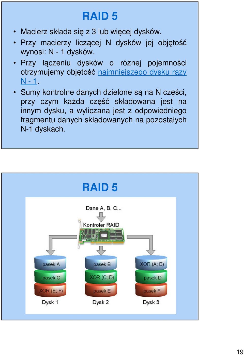 Przy łączeniu dysków o różnej pojemności otrzymujemy objętość najmniejszego dysku razy N - 1.