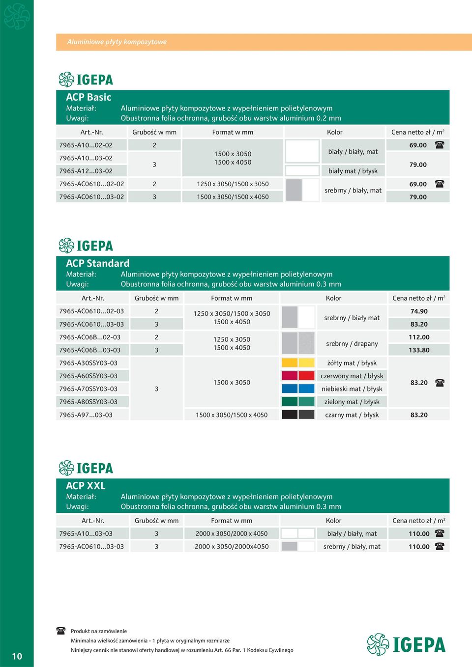 ..02-02 2 1250 x 3050/1500 x 3050 69.00 srebrny / biały, mat 7965-AC0610...03-02 3 1500 x 3050/1500 x 4050 79.