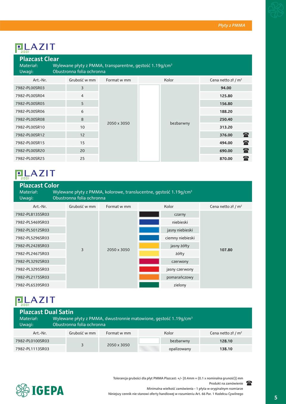 00 7982-PL00SR20 20 690.00 7982-PL00SR25 25 870.00 Plazcast Color Wylewane płyty z PMMA, kolorowe, translucentne, gęstość 1.