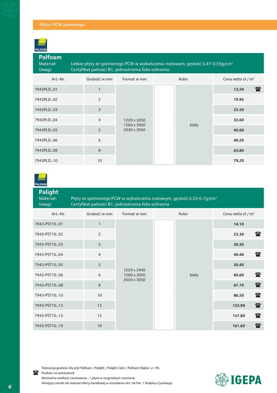 60 1560 x 3050 biały 7943PLD..05 5 2030 x 3050 40.60 7943PLD..06 6 49.20 7943PLD..08 8 63.80 7943PLD..10 10 79.20 Palight Płyty ze spienionego PCW w wykończeniu matowym, gęstość 0.55-0.