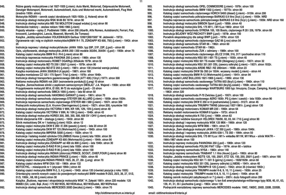Motocykle INDIAN cennik części dorabianych 1925-1935r. (j. Holend) stron 40 947. Instrukcja obsługi motocykla WSK M-06 B3 1974r. stron 90 948.