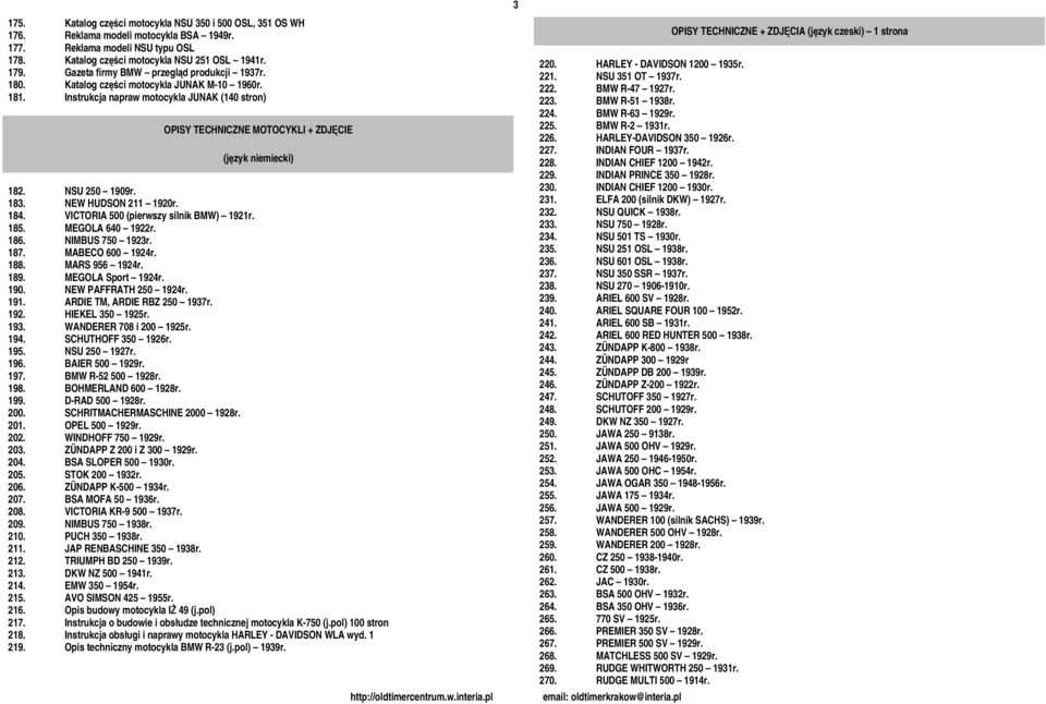 Instrukcja napraw motocykla JUNAK (140 stron) OPISY TECHNICZNE MOTOCYKLI + ZDJĘCIE (język niemiecki) 182. NSU 250 1909r. 183. NEW HUDSON 211 1920r. 184. VICTORIA 500 (pierwszy silnik BMW) 1921r. 185.