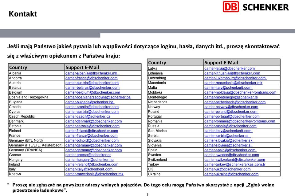 com Belarus carrier-belarus@dbschenker.com Belgium carrier-belgium@dbschenker.com Bosnia and Herzegovina carrier-bosniaherzegovina@schenker.ba Bulgaria carrier-bulgaria@schenker.