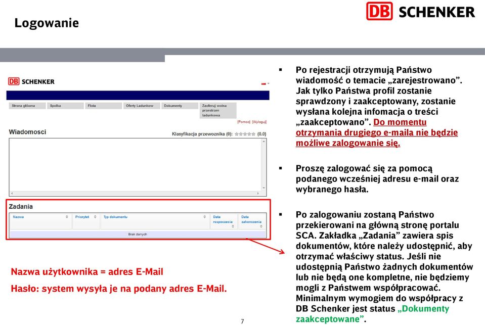 Nazwa użytkownika = adres E-Mail Hasło: system wysyła je na podany adres E-Mail. 7 Po zalogowaniu zostaną Państwo przekierowani na główną stronę portalu SCA.